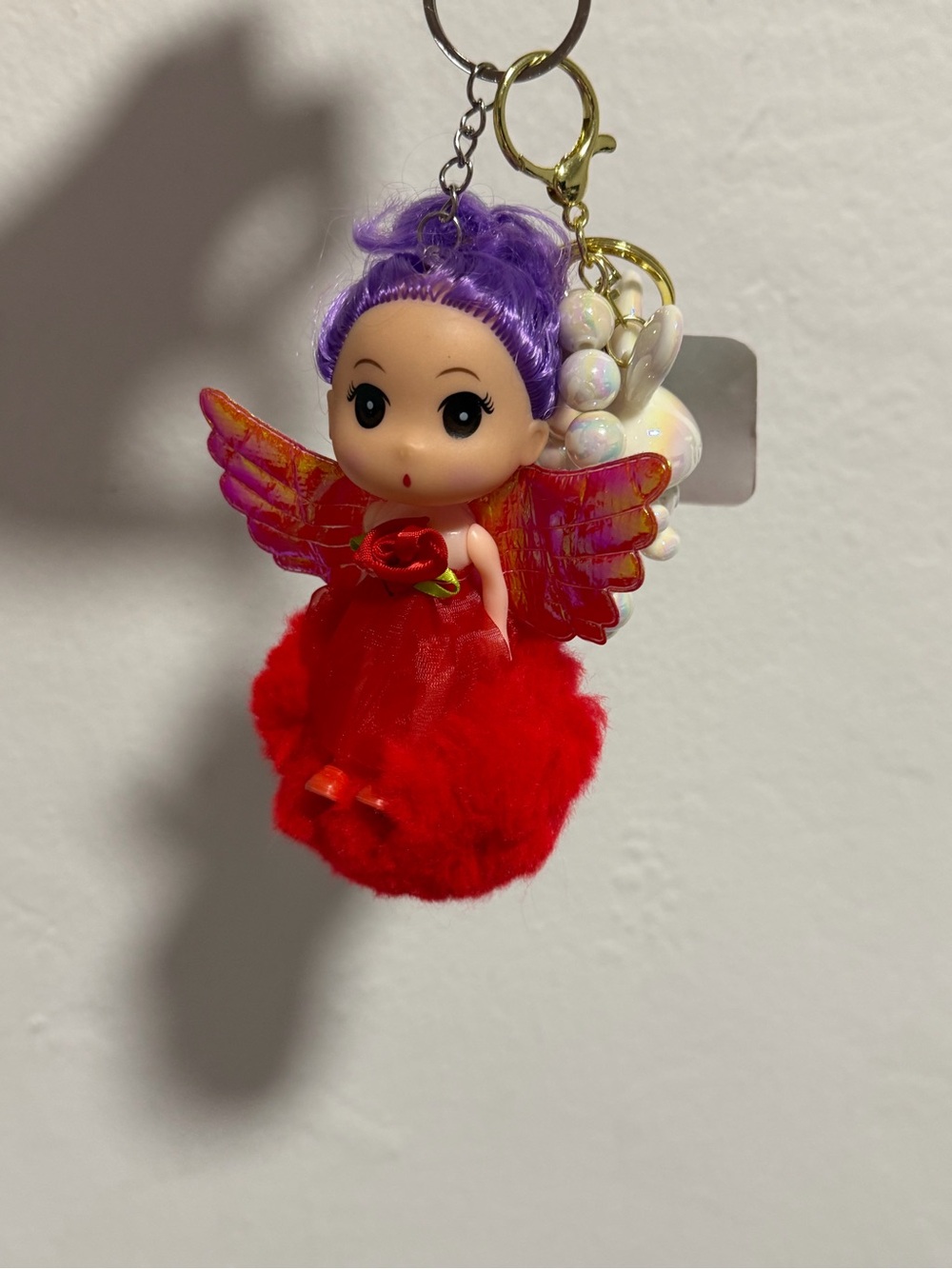 Purple-Haired Angel Doll Keychain with Red Dress and Shimmer Wings